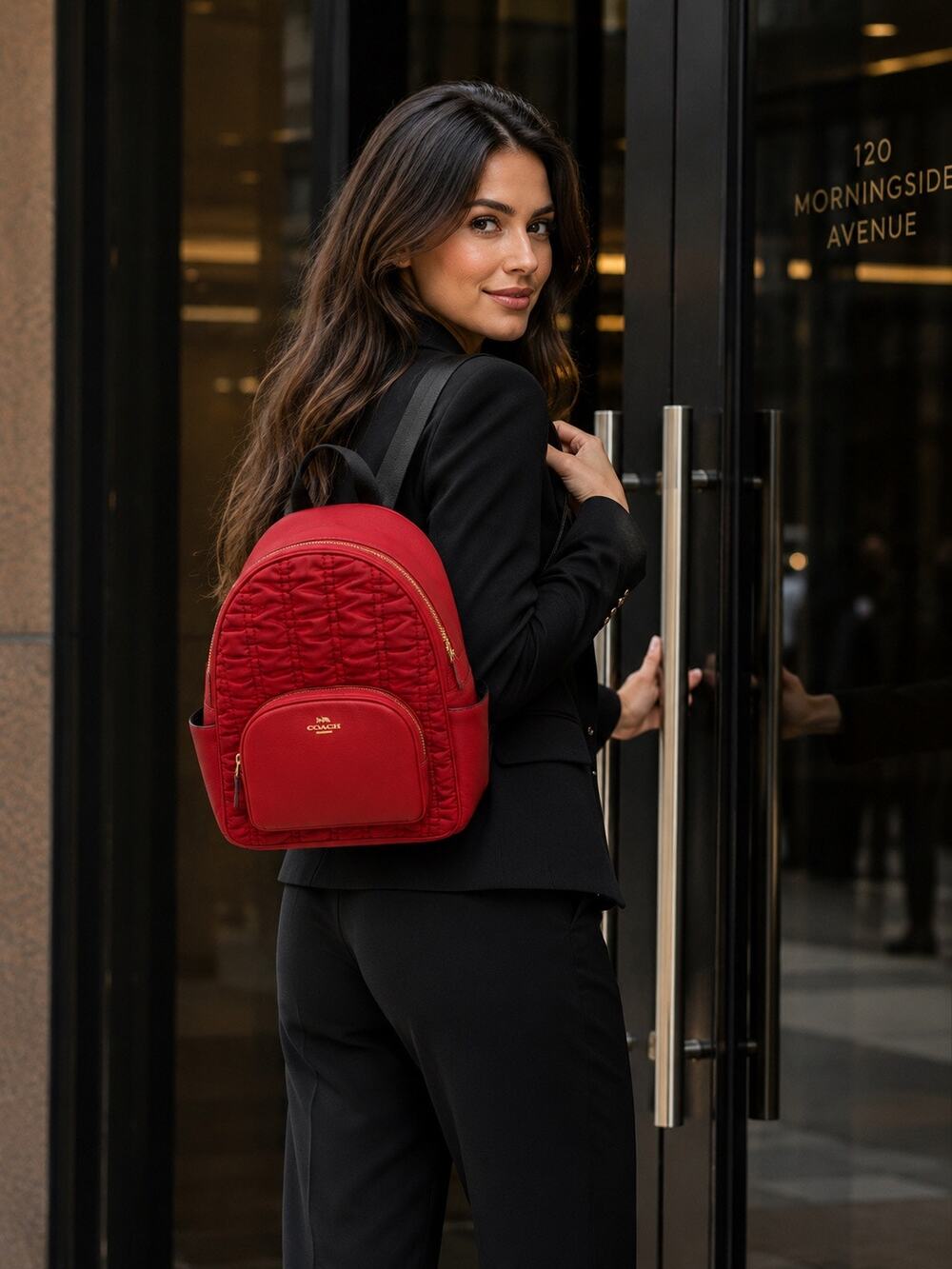 Coach C4094 Court Backpack With Ruching Red Nylon Pebble Leather Gold Hardware